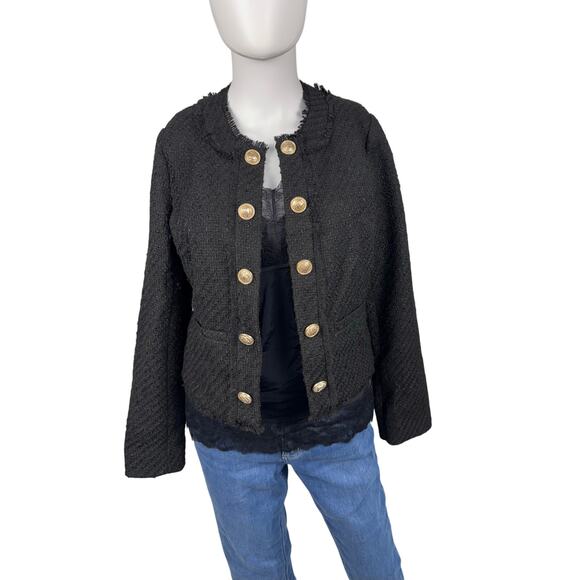 QVC Susan Graver Cropped Tweed Blazer w/ Fringe Detail BLACK NWOT Size 12 - Picture 4 of 8